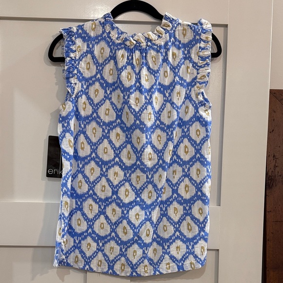 NWT Erika Blue and White Patterned Women's Top with Ruffle Trim - Picture 6 of 6